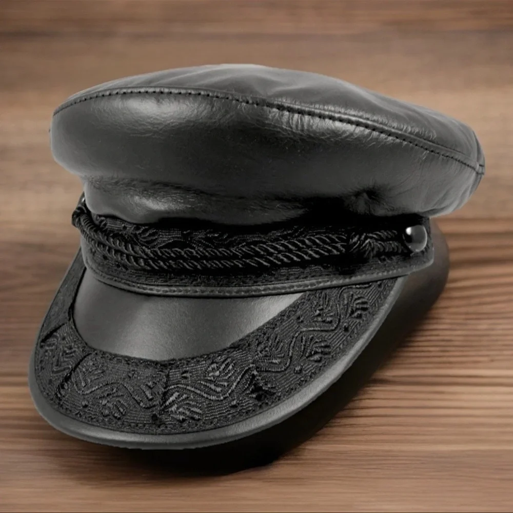 Vintage GREEK FISHERMANS Cap Mens X-Large Black Genuine Leather Fiddlers Hat USA